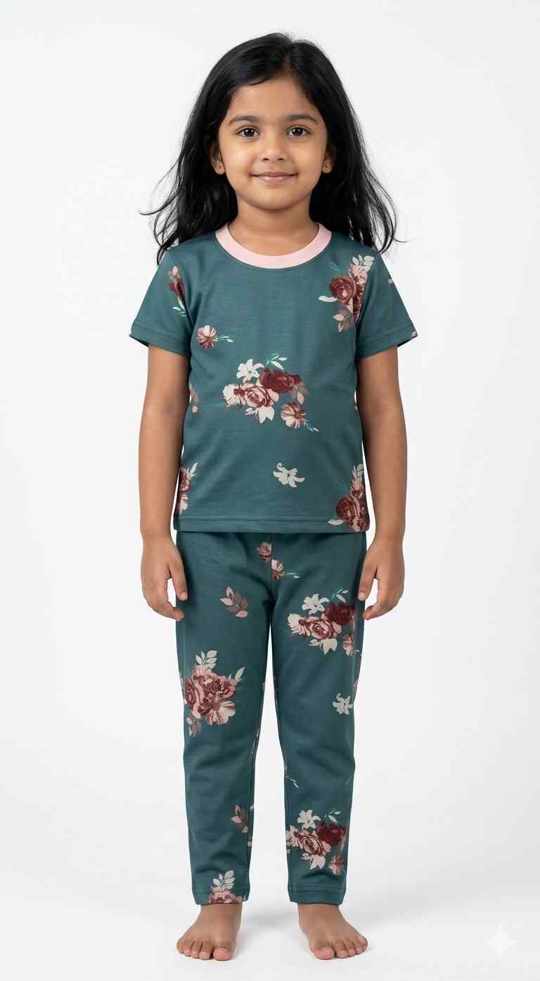 Kids Unisex Pure Cotton Pyjama Set (S - Green Floral)