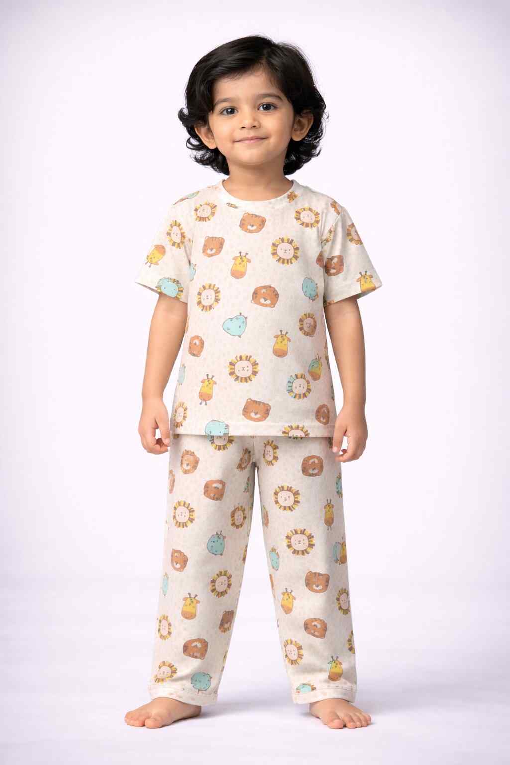 Kids Unisex Pure Cotton Pyjama Set (L - Cream Printed)