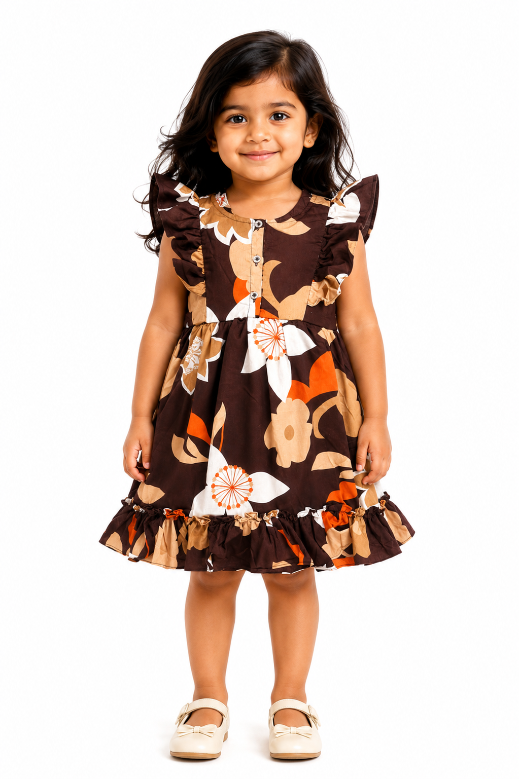 Girls Frock - Brown Multicolor