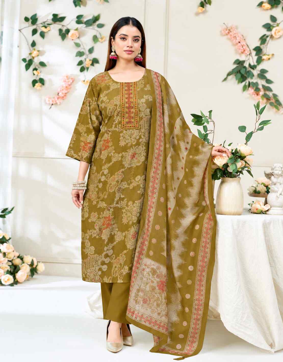 Vertican Foil Printed Rayon Salwar Suit Top with Bottom & Duppatta - Olive Green
