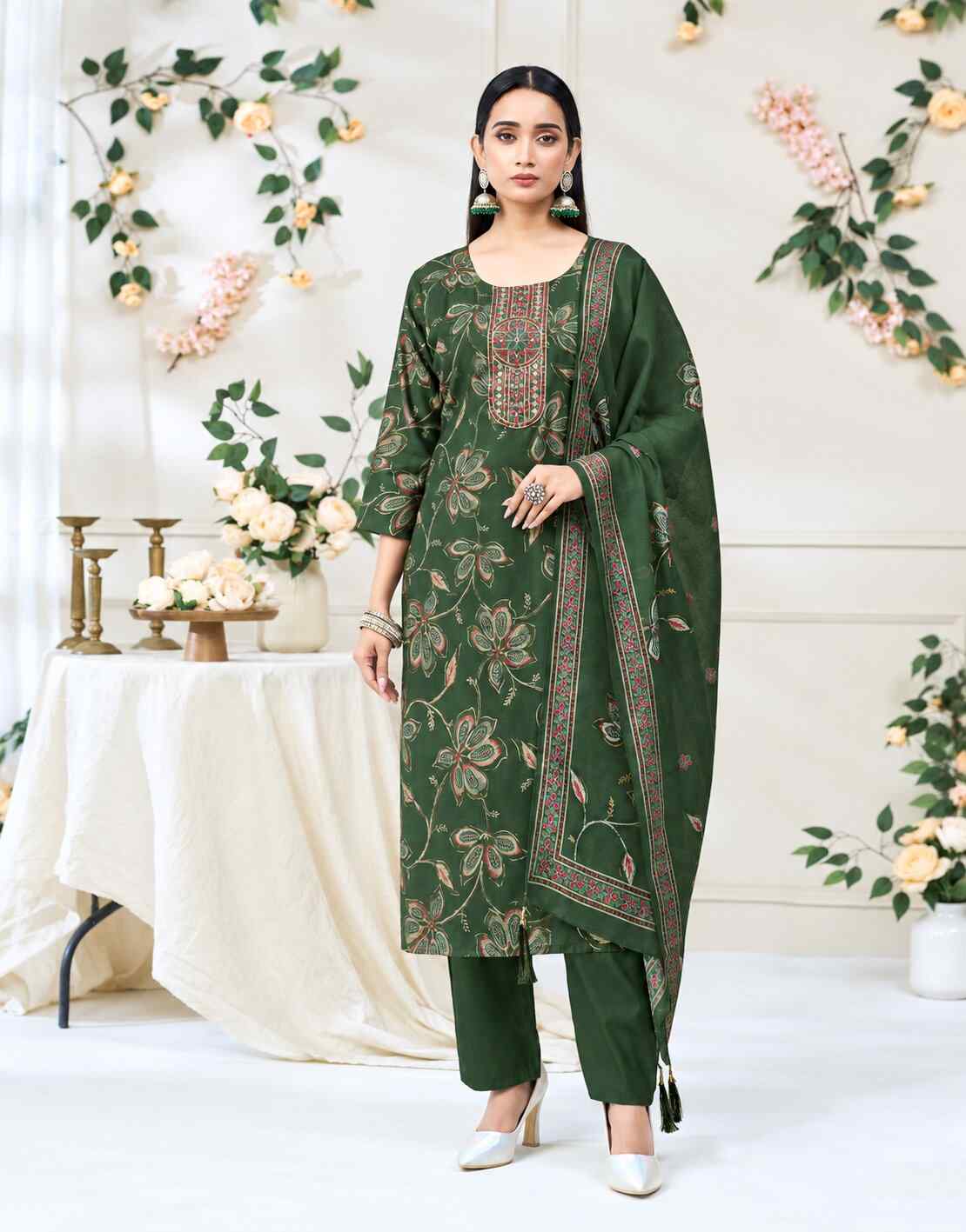 Vertican Foil Printed Rayon Salwar Suit Top with Bottom & Duppatta - Green