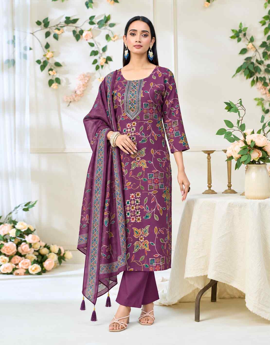 Vertican Foil Printed Rayon Salwar Suit Top with Bottom & Duppatta - Plum Purple